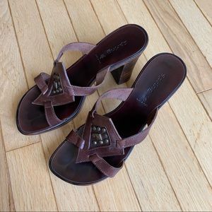 Brown heeled Sandal with brass detail